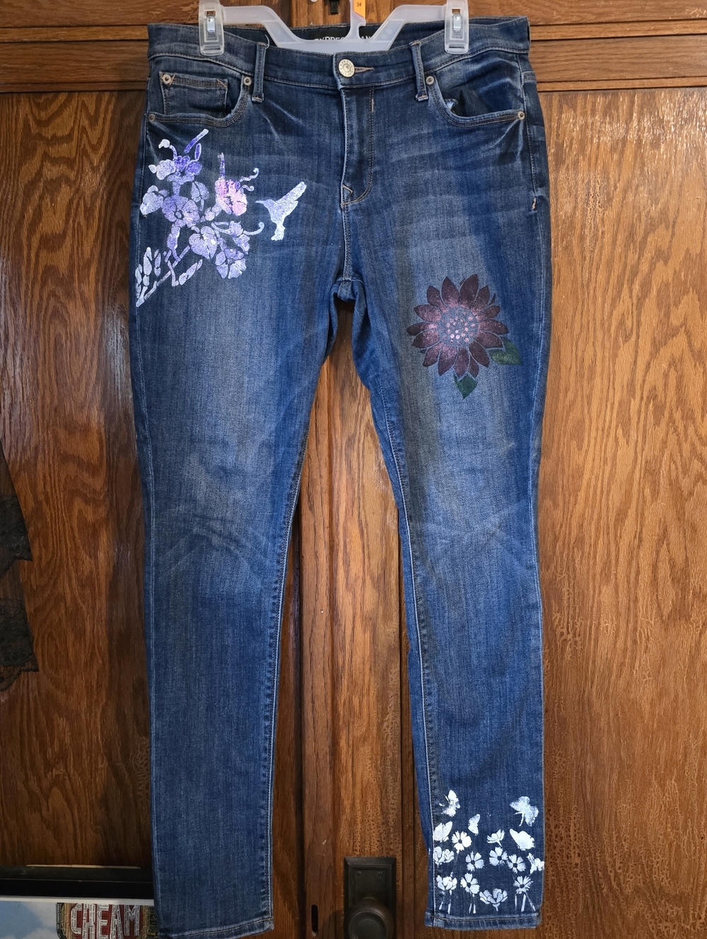 HANDCRAFTED Upcycled Denim Jeans HANDPAINTED Floral Skinny Legging Size 10
